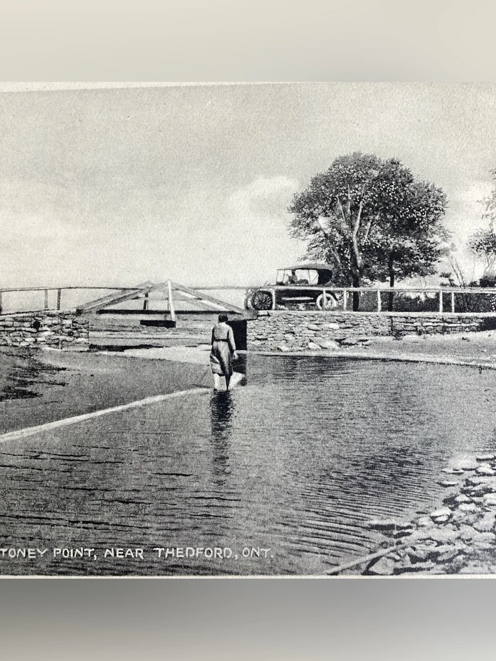 1910s Black & White Postcard Bridge At Stoney Point Thedford Ontario Touring Car